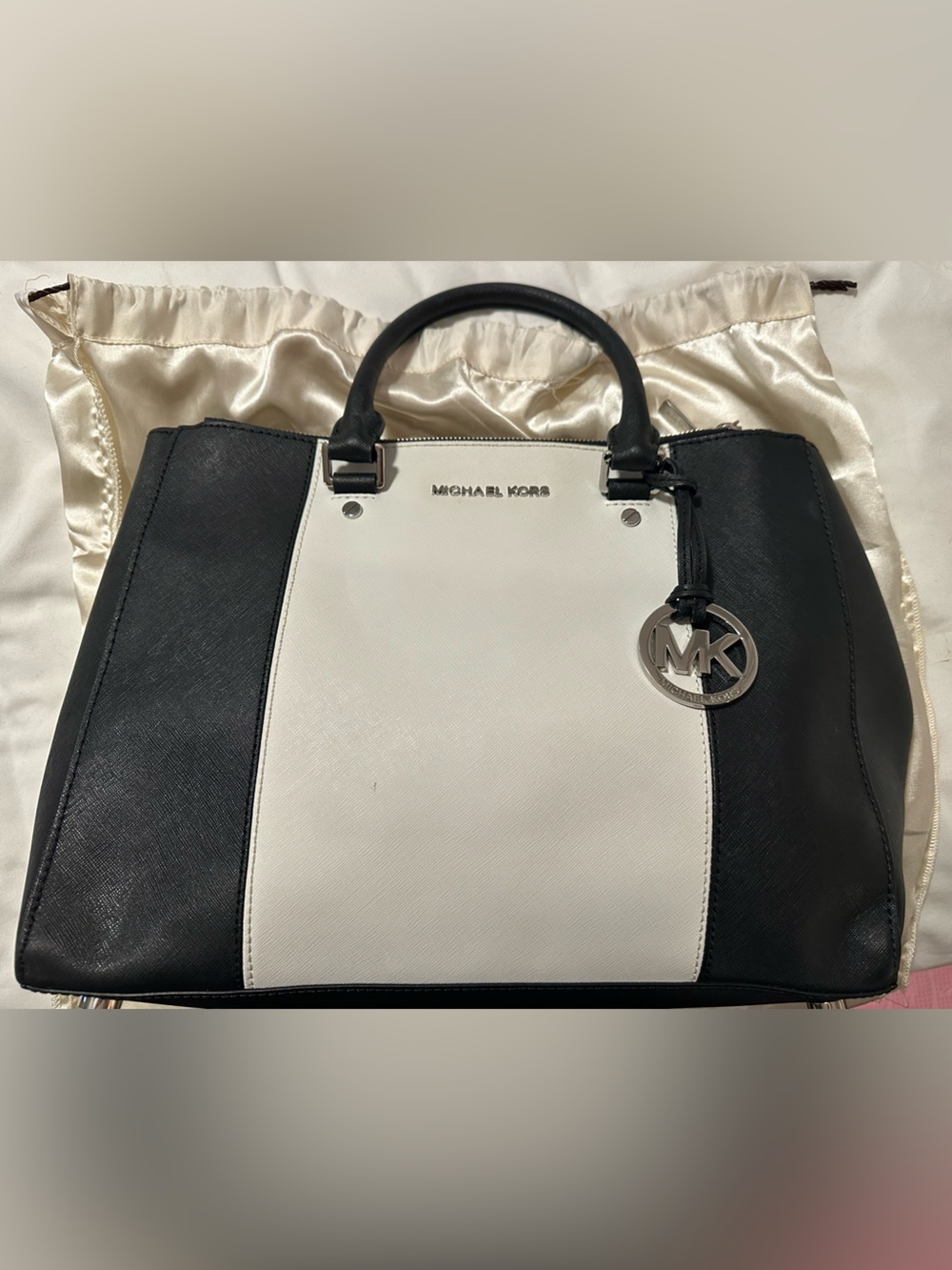Michael Kors Black and White Saffiano Satchel with MK Charm